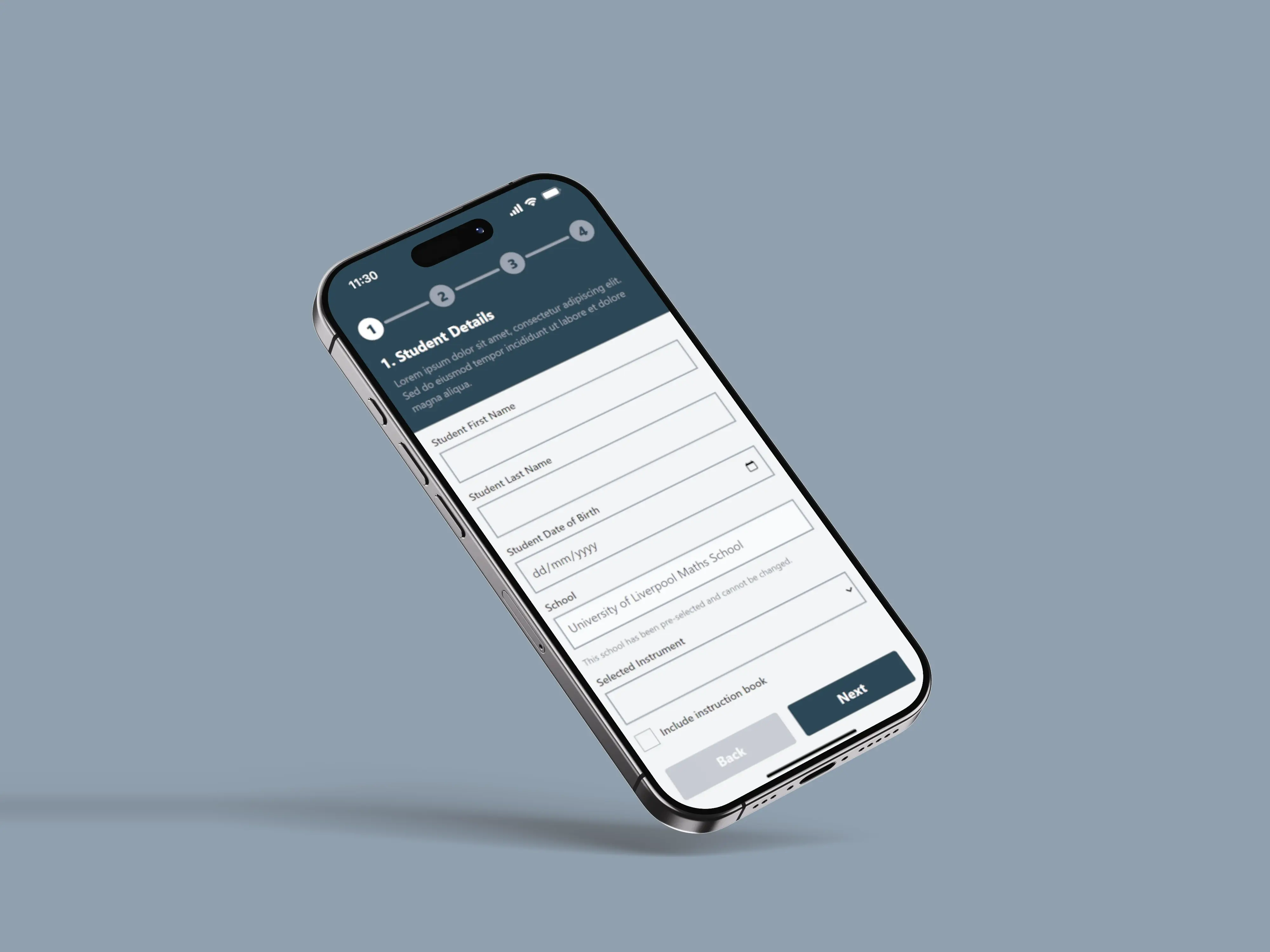 Student instrument finance application form on a phone