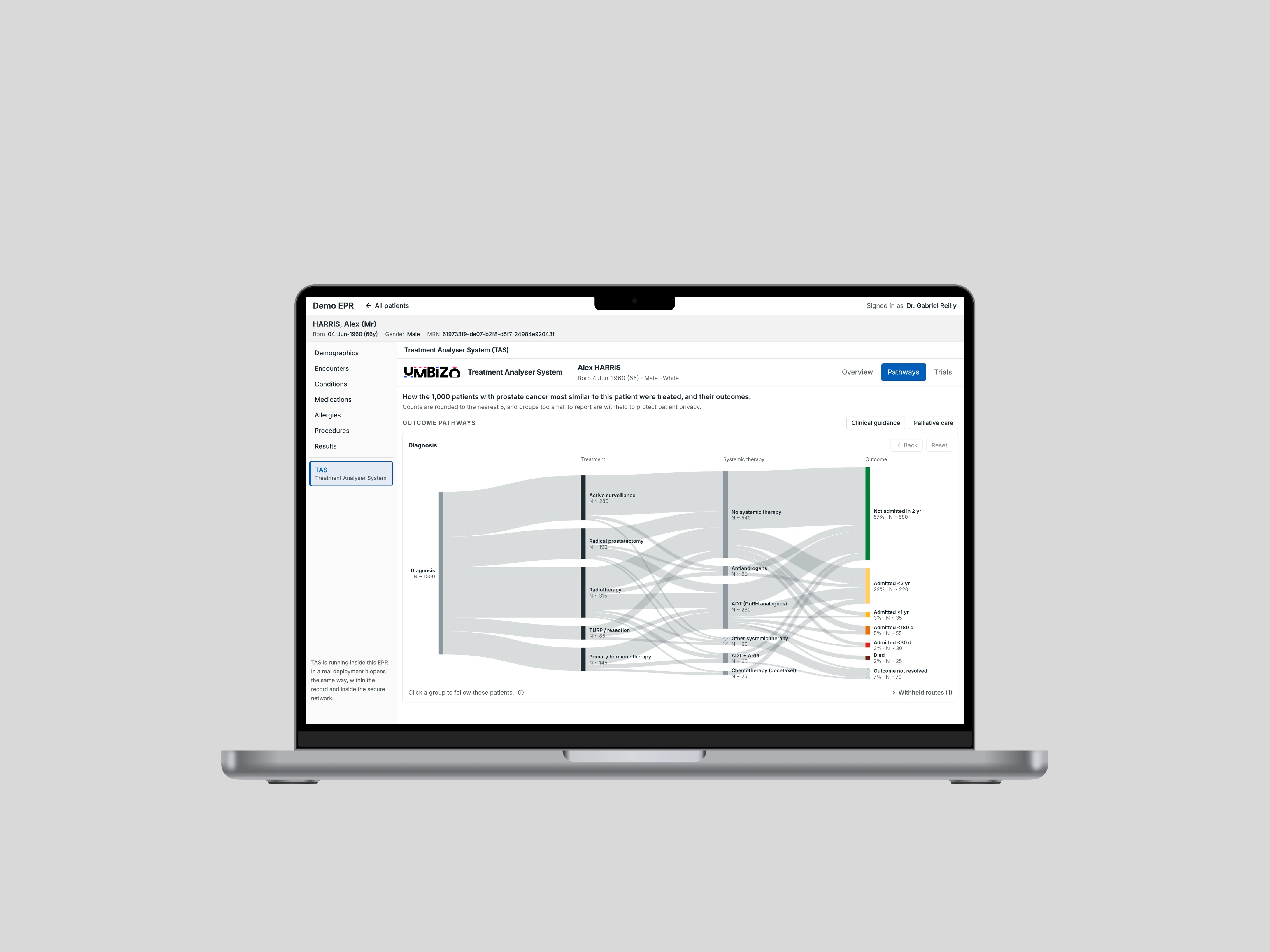 Treatment Navigator open inside a demo EPR, showing how similar patients were treated, on a laptop
